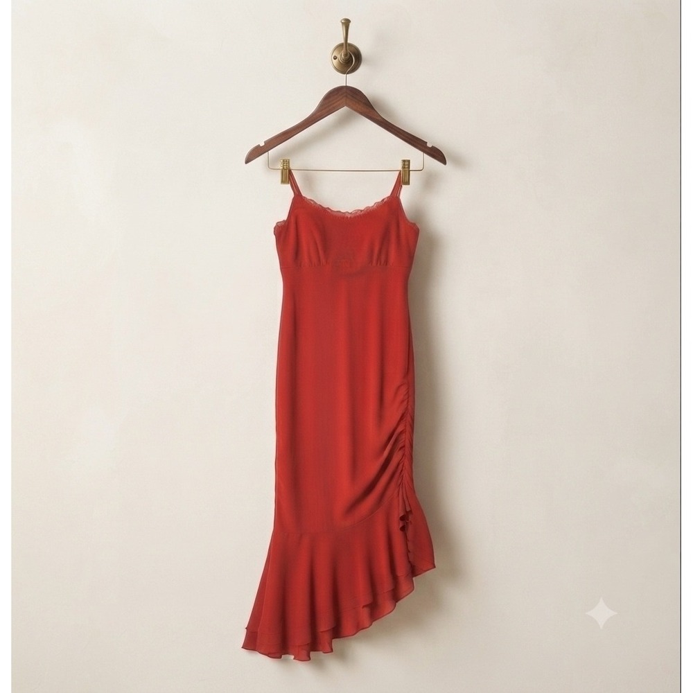 Wild Fable Red‎ Lace Trim Ruched Asymmetrical Ruffle Midi Dress Small